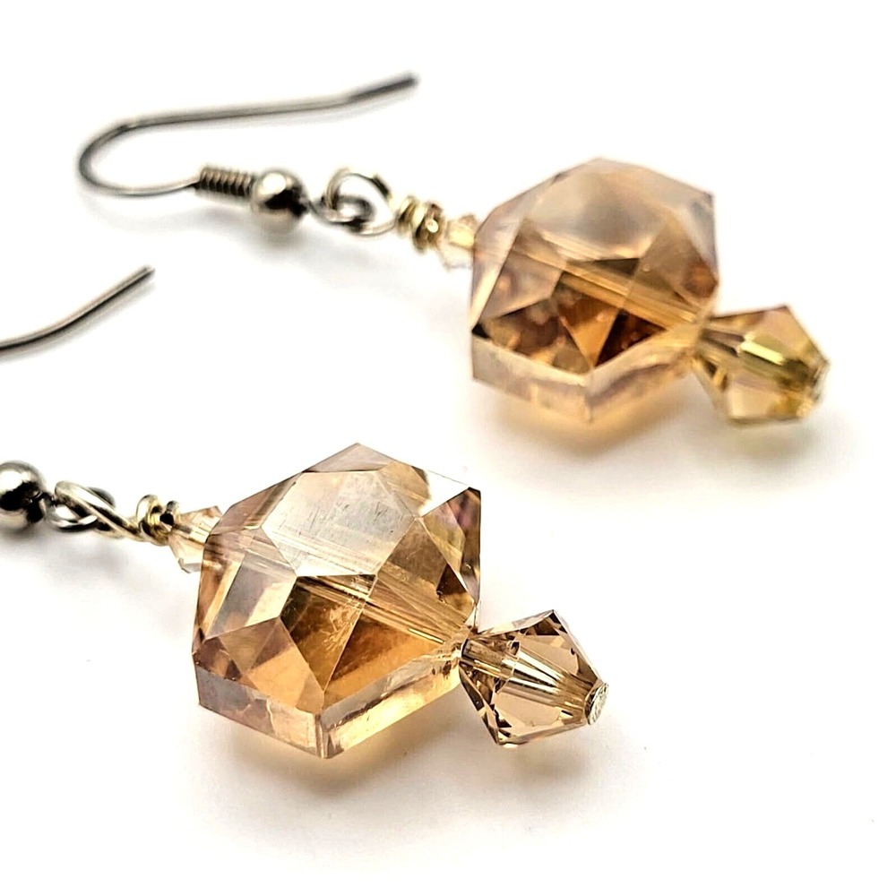 Amber Colored Glass‎ Hexagonal Beads Dangle Drop Hook Earrings / Handmade